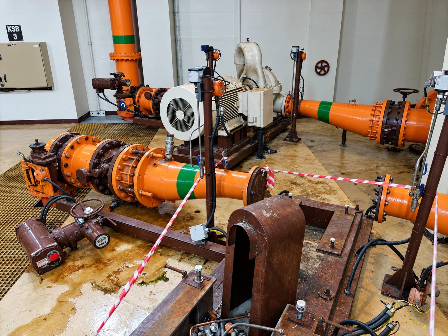 Pump station with orange pipework, a motor and actuated valves