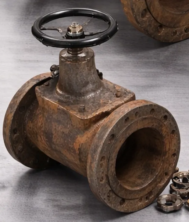 Rusted cast-iron tee and gate valve before refurbishment