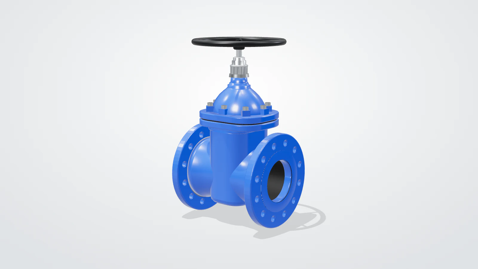 RSV gate valve in Casting Blue epoxy on a grey sweep, turned and taken apart into its parts.